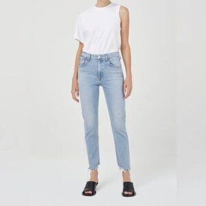 Agolde Merrel Mid-Rise Slim Straight Jeans Size 26 Light Wash Astray Frayed Hem